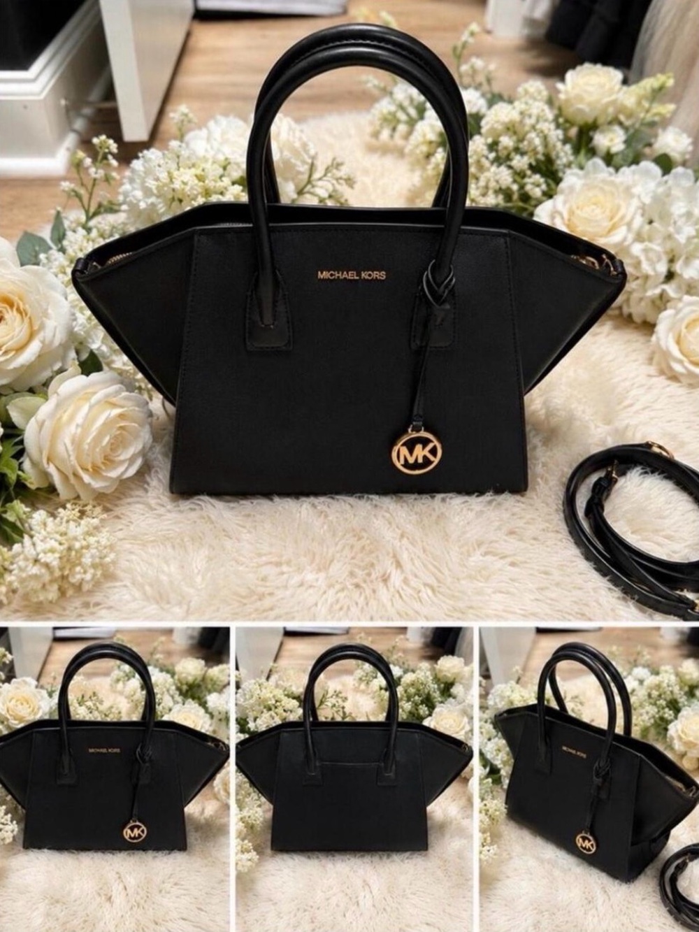 Michael Kors Black Saffiano Satchel with Gold MK Charm